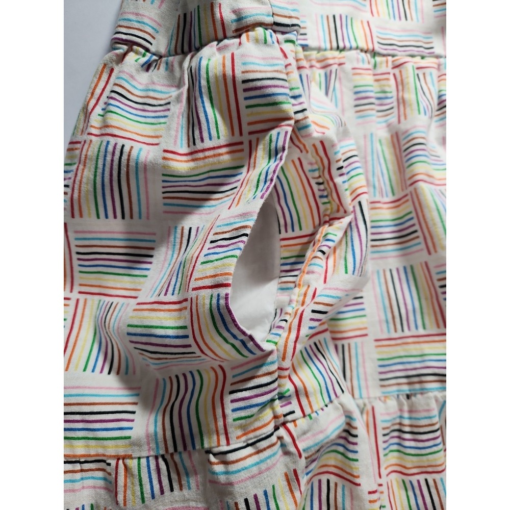 Rainbow Striped Linen Blend Tiered Mini Dress Pockets Sleeveless Tie Strap L - Picture 7 of 8
